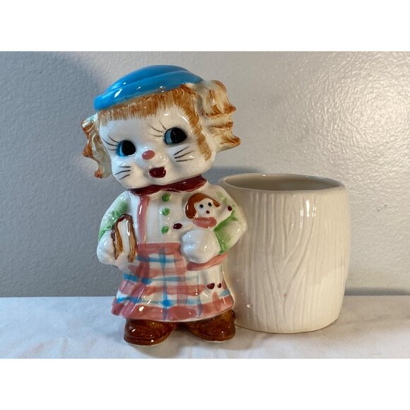Ceramic Planter Kitschy Cat School Girl  Book Doll Nursery VTG - Picture 14 of 14